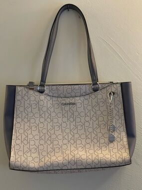 Calvin Klein Beige & stone blue Monogrammed Tote with Chain Charm